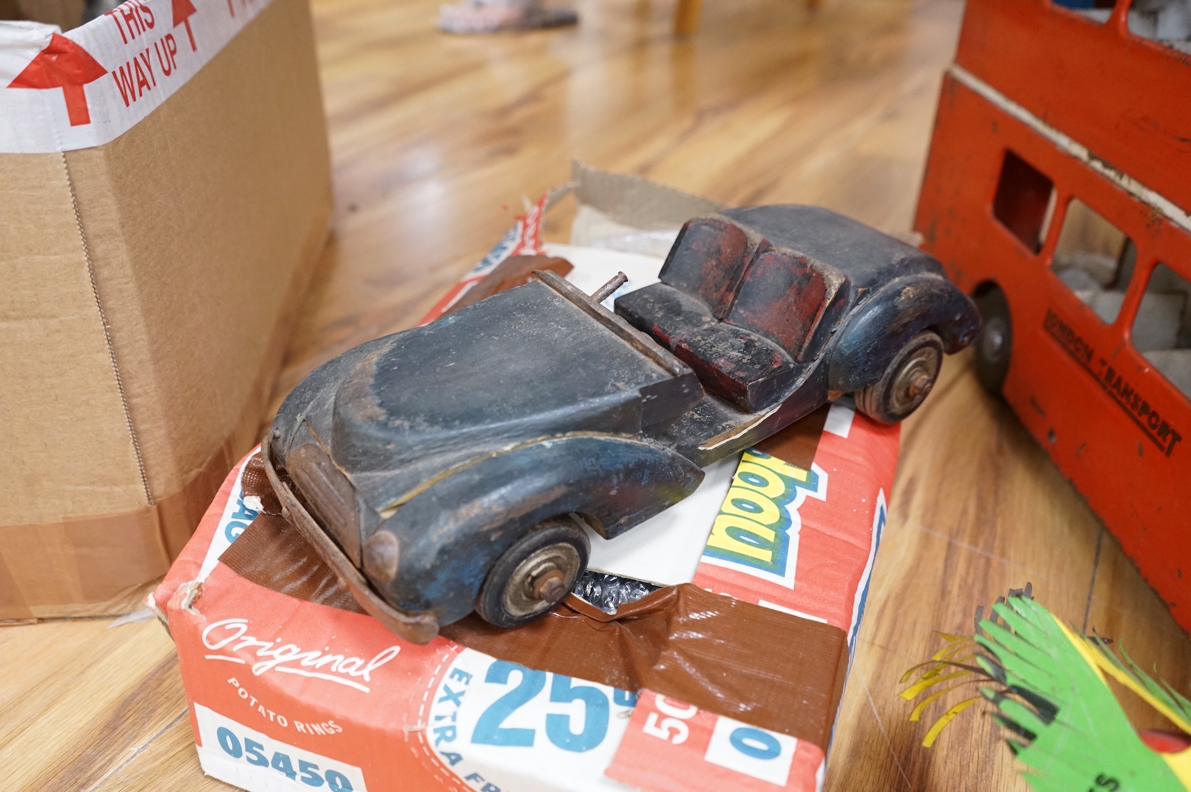 Toys - A Tri-Ang bus, Models of Yesteryear, wood car and two others